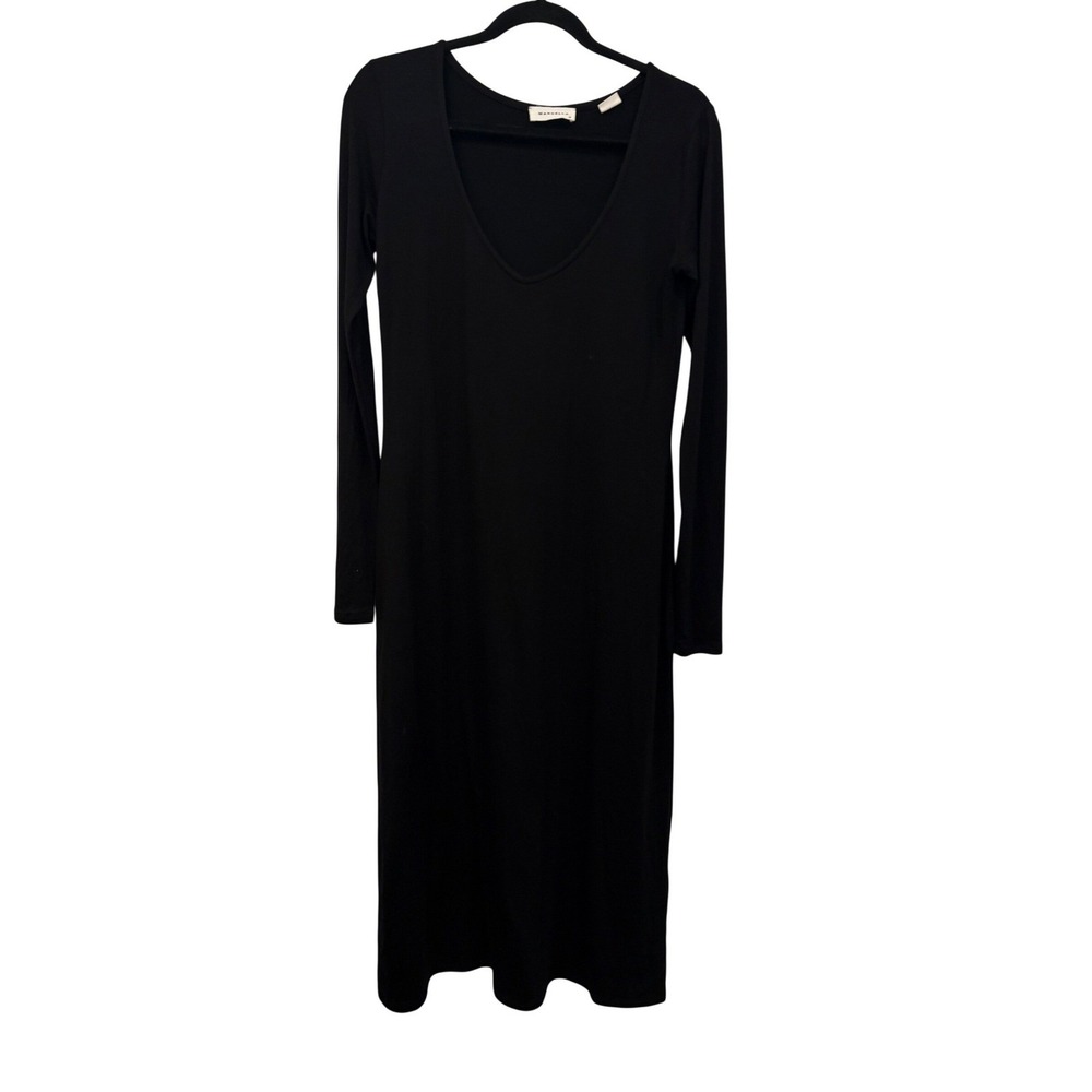 Marcella Maxi Dress Medium Black Long Sleeve V-Neck Tencel Designer Goth LBD